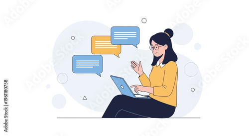 Woman with Laptop Communicating Online with Chat Bubbles, Remote Work Concept