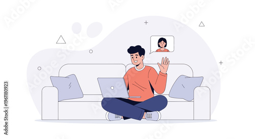 Man video calling on laptop while sitting on sofa, friendly conversation