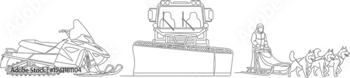 Outline collection showing various winter transportation methods including a snowmobile, a snowplow, and a dogsled team illustration.