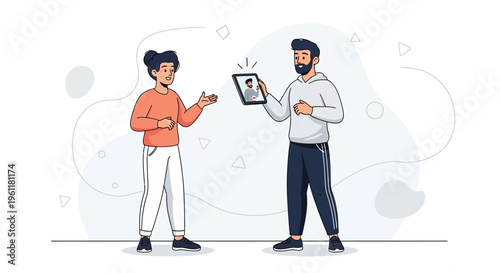 Two people video calling on a tablet, showing connection and communication