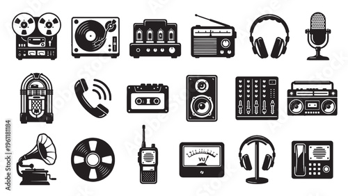 Vintage Audio and Retro Communication Device Icon Set for Music, Broadcasting, and Nostalgia Theme Design