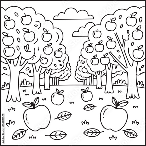 Apple Orchard Coloring Page – Apple Trees with Hanging Fruits Printable Coloring Sheet