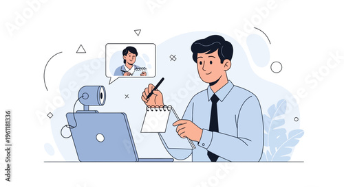 Man in Video Call, Taking Notes on Laptop and Webcam