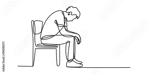 Continuous line drawing of a sad man sitting on a chair