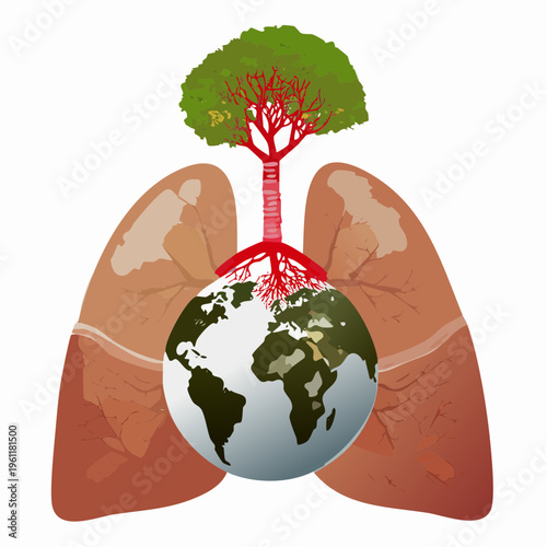 Human Lungs Connected to Earth Roots Concept of Global Oxygen Balance and Environmental Health