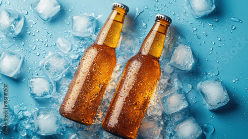 Cold beer bottle with water droplets surrounded by ice cubes on blue surface, refreshing and chilled drink for hot days