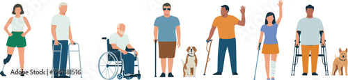 Diverse people with disabilities, mobility aids, inclusion, accessibility, prosthetics, wheelchairs, guide dogs, crutches, support, independence