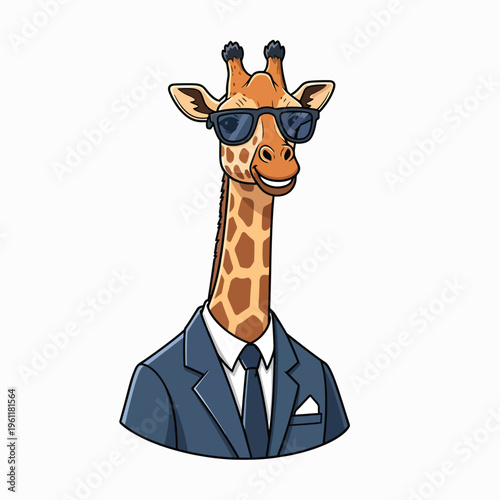 Cartoon giraffe wearing sunglasses business suit.