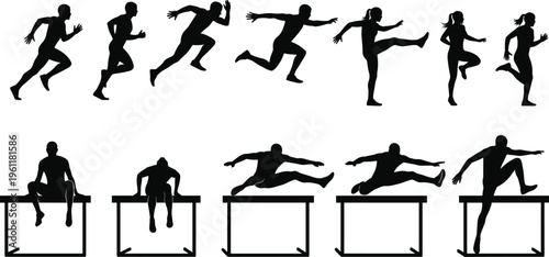 Athlete silhouette set showing running and hurdle jumping poses isolated on white background, track and field training action collection for fitness, sport design use