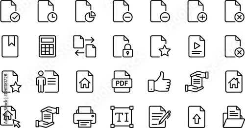 Document file action icons set featuring add delete edit share lock PDF print home star elements, cad drawing flat vector illustration