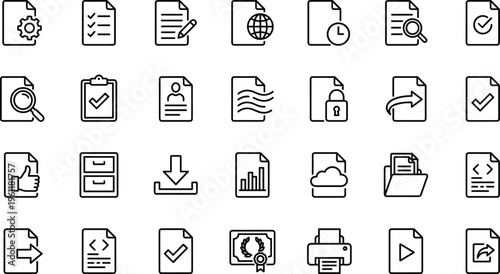 Document file management icons set including reports checklist data security download upload cloud storage, cad drawing flat vector illustration design