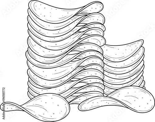 Hand drawn potato chips stack with dipping sauce and chip slices doodle style snack food vector illustration