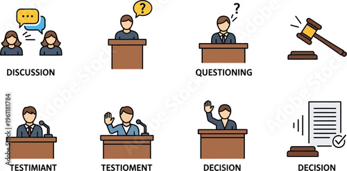 Various colored icons depict stages of legal proceedings including discussion, questioning witnesses, testimony, and final decision by a judge.