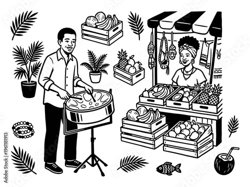 Caribbean steelpan musician at market stall