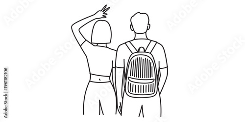 couple traveling, woman pointing, man with backpack