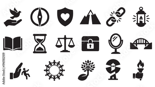 Moral Values and Ethical Principles Icon Set for Integrity, Justice, Guidance, and Leadership Concept Design