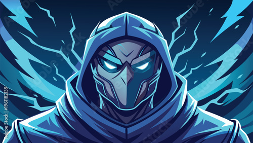 Mysterious hooded figure shrouded in an eerie, cosmic blue aura against dark backdrop.
