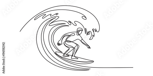 Surfer riding a wave in a dynamic line art style