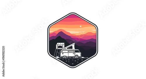 Vintage Camper Van with Pop-Top Roof in Mountain Landscape.