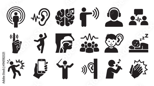 Human Sound and Audio Experience Icon Set for Hearing, Communication, Music, and Sensory Awareness Design
