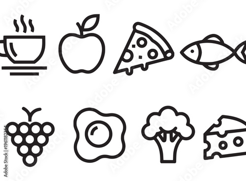 Food icons with various edible items.