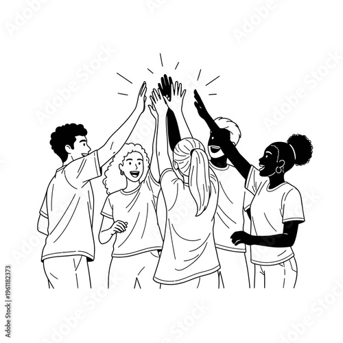 Diverse group of people high fiving.