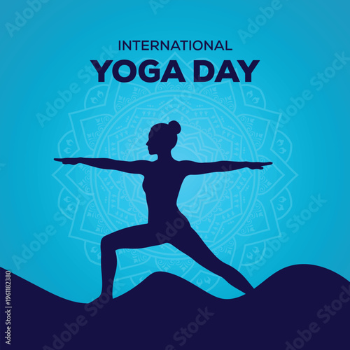 Warrior pose silhouette illustration for international yoga day health event with blue abstract mountain landscape background design