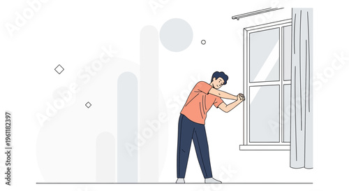 Man stretching by the window, morning routine, healthy lifestyle, home workout, relaxation