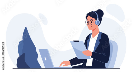 Customer service agent with headset and laptop, working at desk, professional illustration