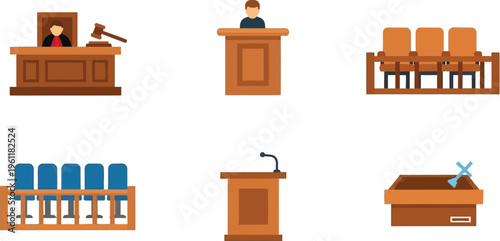 Depiction of a courtroom setting includes a judge's bench, witness stand, and jury seating area illustrating judicial proceedings and legal structure.