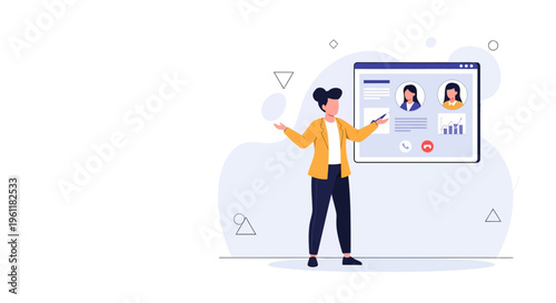 Woman presenting online meeting with video call participants and charts