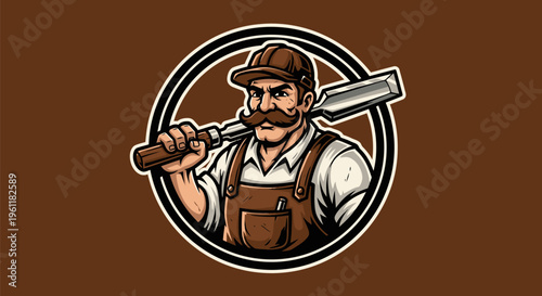 Vintage Carpenter Holding Tool Illustration.
