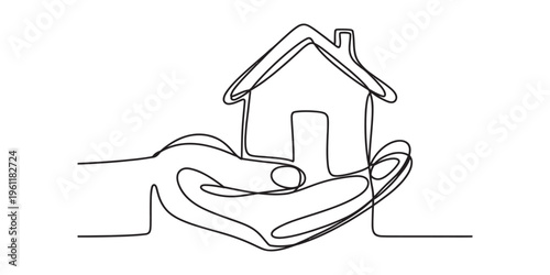 hand holding a house in one line drawing style