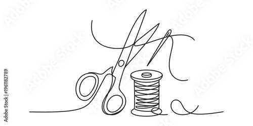 sewing tools, scissors and thread spool, minimal line art