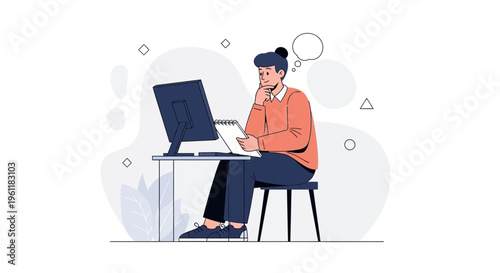 Man thinking at computer, working remotely, brainstorming ideas, planning strategy, office work