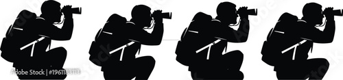 Silhouette of man with backpack looking through binoculars, hiker scouting mountain landscape vector icons set, outdoor adventure tourism illustration isolated on white background