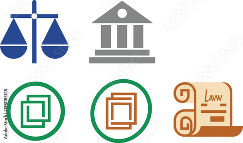 A collection of simplified legal and justice icons includes scales, a courthouse building, documents, and a scroll labeled law.