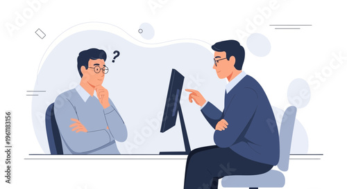 Two businessmen discussing work on a computer, one confused, one explaining