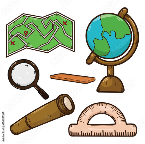 Lessons about geography maps globes binoculars magnifying glasses school lessons students