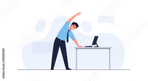 Businessman stretching at office desk, healthy work lifestyle, exercise break