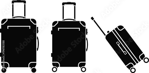 Travel suitcase vector illustration set featuring black luggage silhouettes for tourism, vacation planning, baggage icons, airline transport, business trips, and international holiday journey.