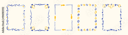 Hand drawn crayon Italian frame with lemons, sardines, wavy pattern, greek key motif. Paint brush limoncello badge drawing. Amalfi, Positano, Sicily style chalk boarders. Mediterranean seafood menu