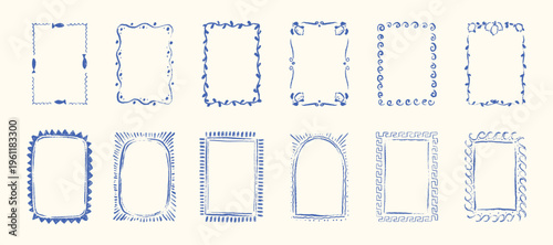 Set of hand drawn crayon Mediterranean frames in ancient, vintage style. Greek key pattern, Amalfi lemon motif, Italian rectangle border. Chalk scribble coastal boarder for wedding, birthday, postcard