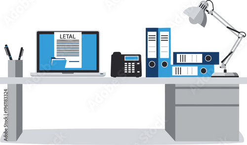 A well-organized modern lawyer's or paralegal's desk features a laptop displaying a legal document, binders, and an adjustable lamp.