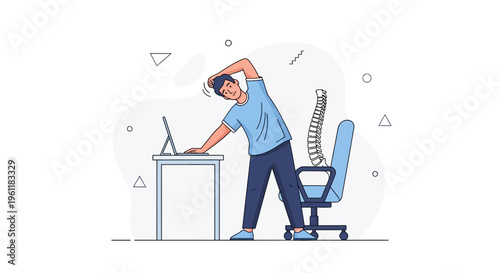 Man stretching at desk with laptop, office ergonomics, spine health concept