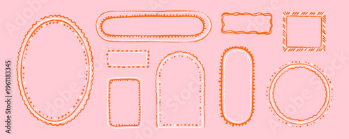 Set of hand drawn crayon scribble oval, arch, rectangle, circle, square shape frames for Italian, French wedding invitations, girly birthday cards, bachelorette party design. Mirror, photo chalk frame