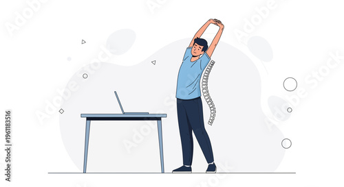 Man stretching at desk, spine health, office worker wellness, healthy posture, ergonomic break