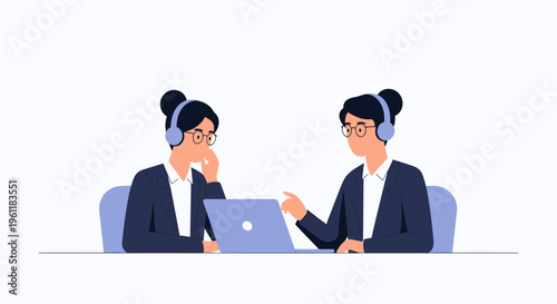 Two businesswomen in headphones working on a laptop, customer service concept