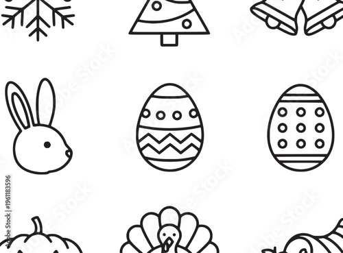 Easter bunny eggs and holiday icons.