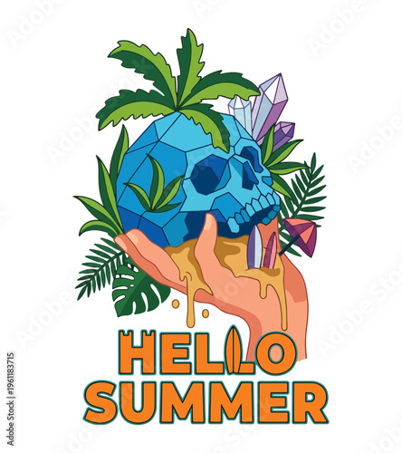 Artistic representation of a faceted blue skull held in a hand with tropical leaves and crystals for a summer theme message Best Selling T-shirt Design